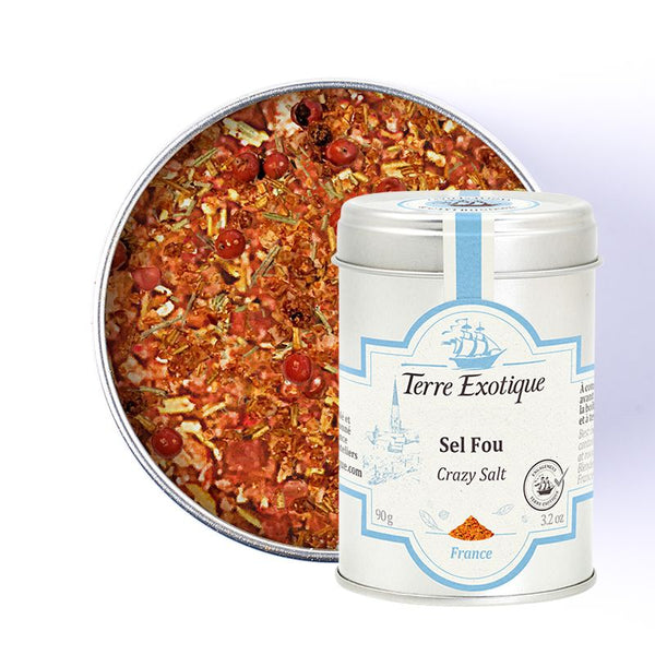 Sel Fou Terre Exotique, mélange de sel et d’épices françaises aux herbes, baies roses et agrumes, présenté en boîte métal.