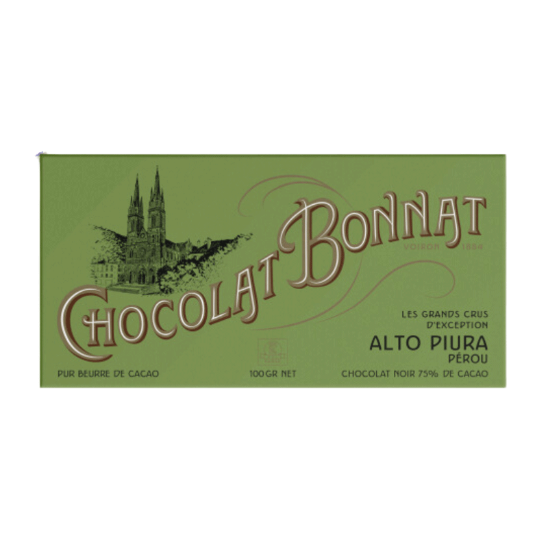 Tablette de chocolat noir Bonnat Alto Piura 75% cacao. L’emballage est vert, avec 'Chocolat Bonnat' écrit en grande typographie marron au centre. Une illustration en noir d’une cathédrale est située sur la gauche. À droite, des mentions en petits caractères indiquent l’origine des fèves du Pérou et la qualité grand cru du chocolat.