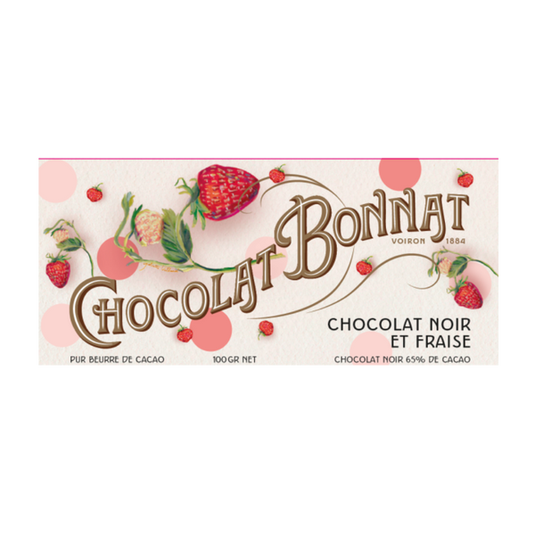 Tablette de chocolat noir à la fraise Bonnat, emballage illustré de fraises sur fond blanc.