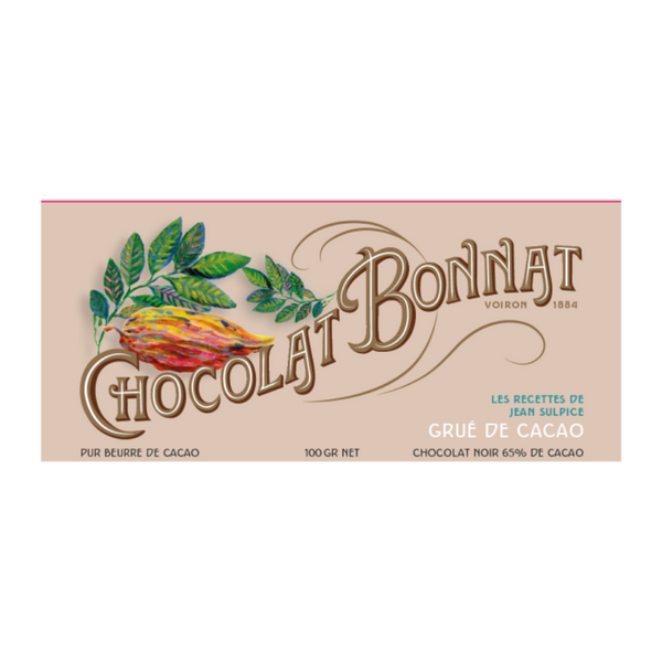 Tablette de chocolat noir Bonnat et Jean Sulpice au grué de cacao, emballage illustré de cabosse et feuilles de cacao.