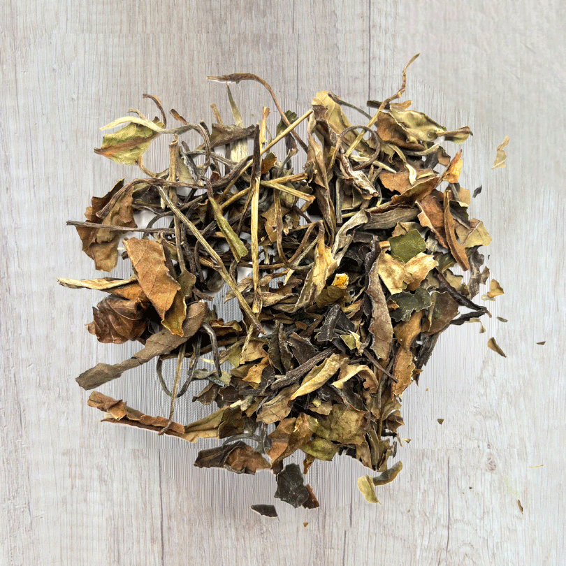 Mélange de grandes feuilles entières, légèrement torsadées, aux teintes brun clair, vert olive et ocre. Les feuilles sont sèches, fines et froissées, caractéristiques d’un thé blanc de qualité. 