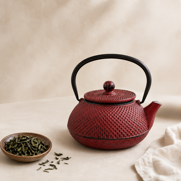 Théière en fonte rouge avec anse noire, accompagnée de feuilles de thé vert sur fond clair.