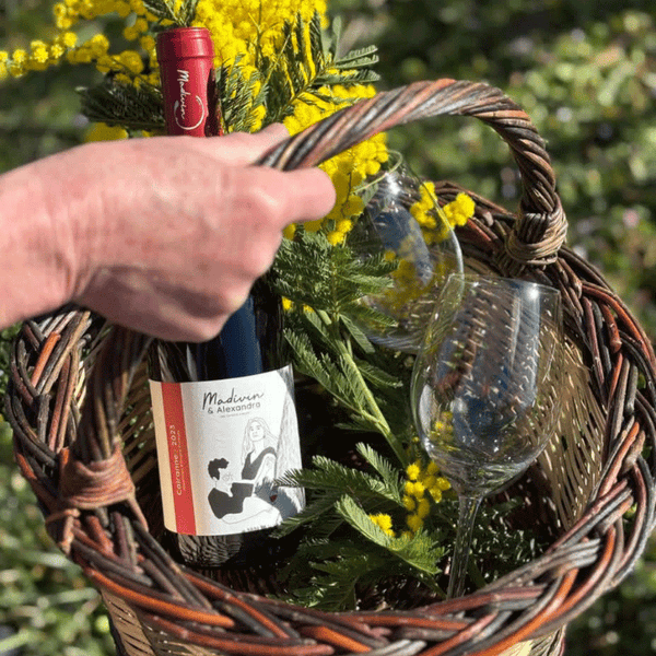 Bouteille de vin rouge Cairanne 2023 dans un panier en osier, accompagnée de fleurs de mimosa et de deux verres à vin. Une main tient l’anse du panier.