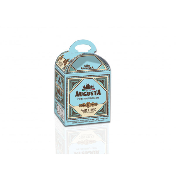 Boîte bleue de panettone Augusta, avec anses.