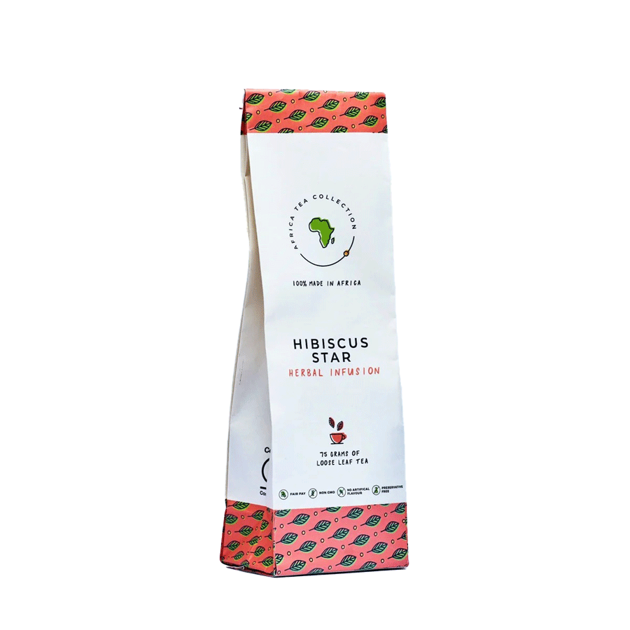 Sachet d’infusion Hibiscus Star en vrac, 75 g, avec motifs roses et verts sur fond blanc.