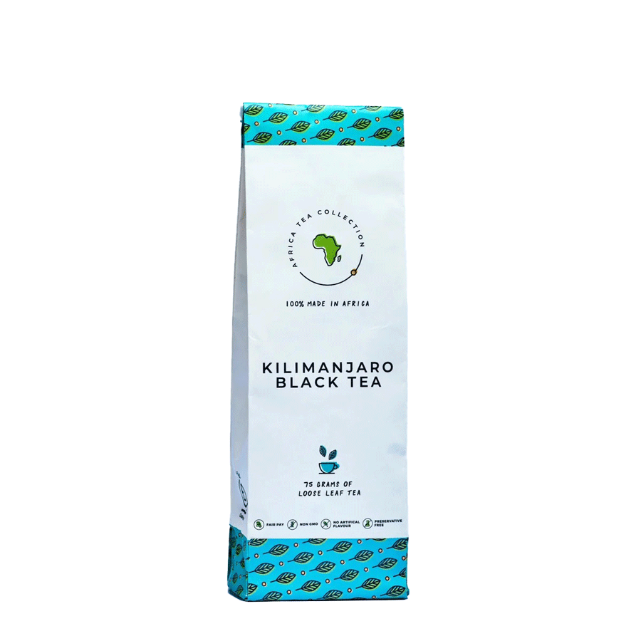Sachet de thé noir Kilimanjaro en vrac, 75 g, avec motifs bleu turquoise sur fond blanc.