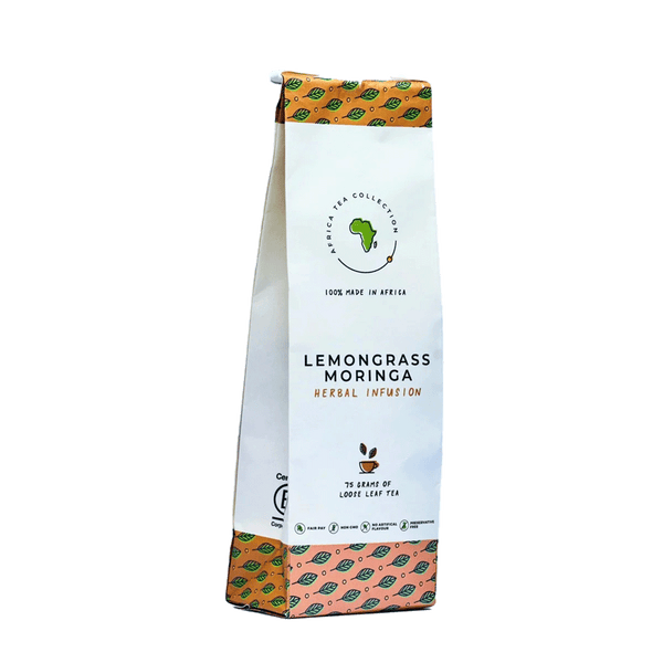 Sachet d’infusion citronnelle moringa en vrac, 75 g, avec motifs orange et verts sur fond blanc.