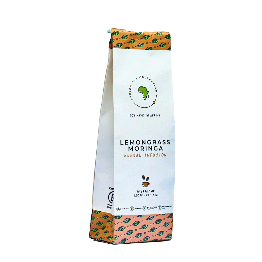 Sachet d’infusion citronnelle moringa en vrac, 75 g, avec motifs orange et verts sur fond blanc.