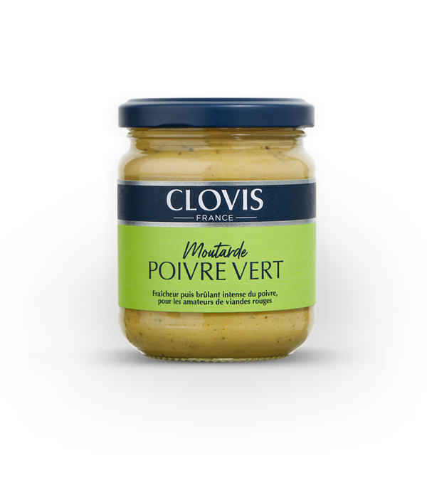 Moutarde au poivre vert Clovis France en pot, condiment gourmand aux notes fraîches et poivrées, présenté sur fond neutre.