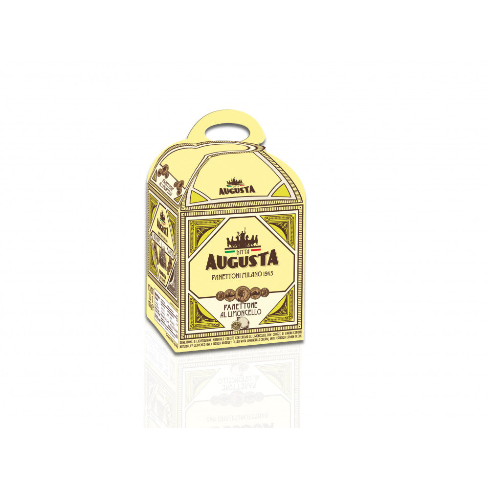 Boîte jaune de panettone Augusta limoncello, avec anses.