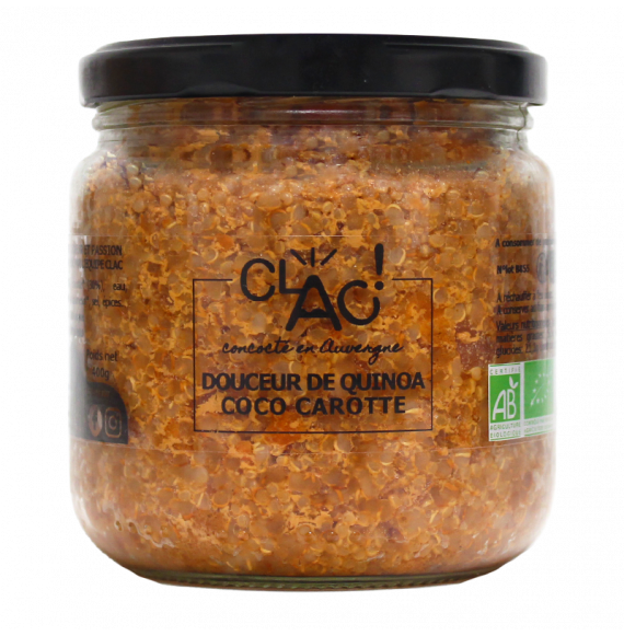  Douceur de Quinoa Coco Carotte, 400g, CLAC, conserves de légumes artisanales (plat cuisiné) CLAC, avec des ingrédients bio et locaux.