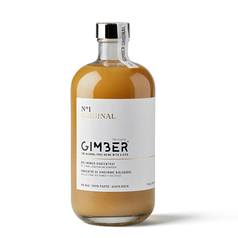 Gimber N°1 Original - Concentré de gingembre Bio - 500 ml. Collection Producteur GIMBER, concentré de gingembre bio, peut être dégusté dans des cocktails et des mocktails sans alcool. Peut servir aussi d'aide culinaire ou d'aide pâtissière.