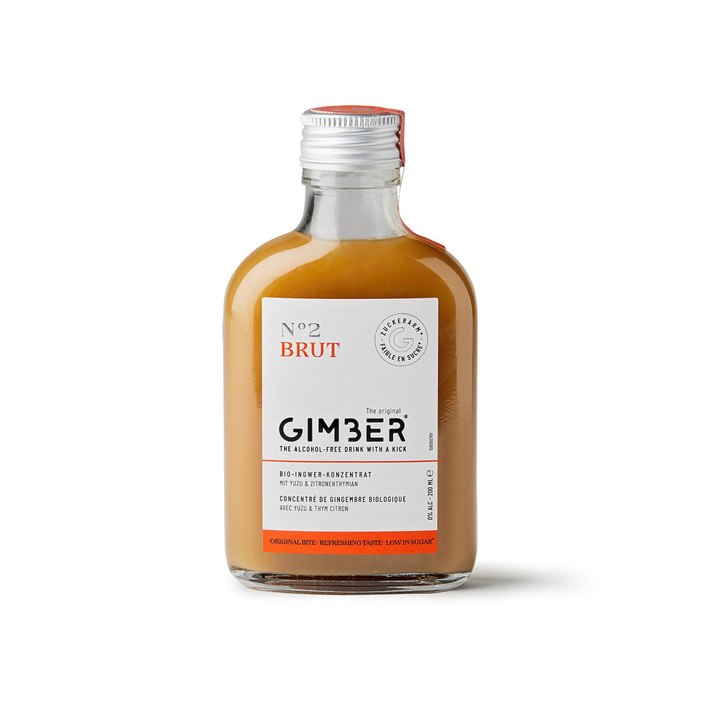 Gimber N°2 Brut - Concentré de gingembre Bio - 200 ml. Collection Producteur GIMBER, concentré de gingembre bio, peut être dégusté dans des cocktails et des mocktails sans alcool. Peut servir aussi d'aide culinaire ou d'aide pâtissière.
