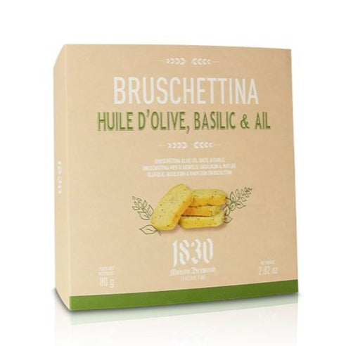 Bruschettinas à l'Huile d'olive, Basilic & Ail - 80 g, La Maison Bremond 1830, pain salé apéritif, tartine pain toasté.