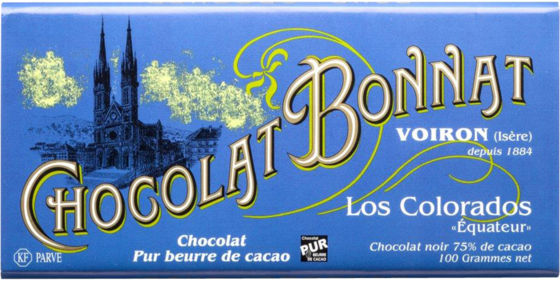 Cette tablette de chocolat noir à 75% de cacao, originaire de Los Colorados en Equateur, est produite par le Chocolatier Bonnat, chocolatier torréfacteur de cacao haut de gamme. Cacao sylvestre sauvage.