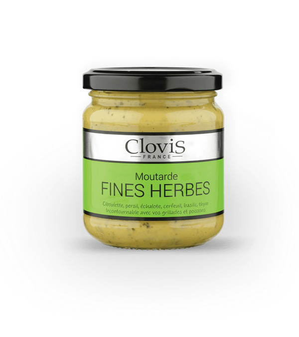 Pot de moutarde Clovis aux fines herbes, étiquette verte avec herbes aromatiques mentionnées.