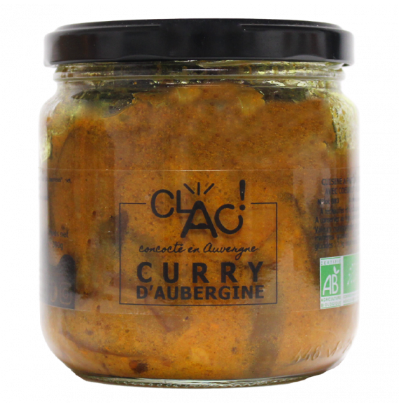 Curry d'Aubergine Bio, 400g, CLAC, conserves de légumes artisanales (plat cuisiné) CLAC, avec des ingrédients bio et locaux.