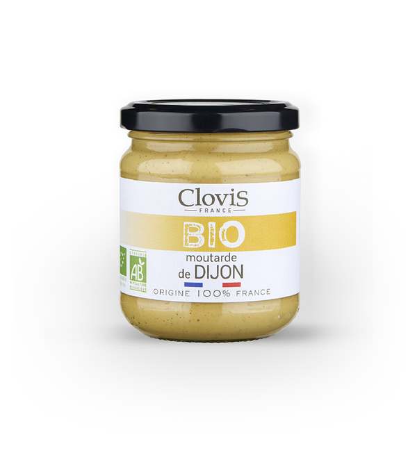 Pot de moutarde de Dijon BIO Clovis France, avec une étiquette blanche et dorée indiquant son origine 100% française et sa certification biologique.