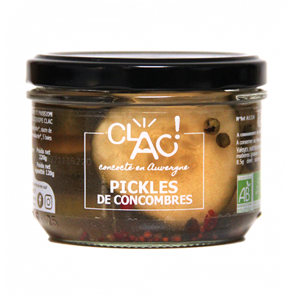 Pickles de concombres bio CLAC 220 g conserves de légumes artisanales au vinaigre de cidre aux 5 baies, moutarde et poivre noir.