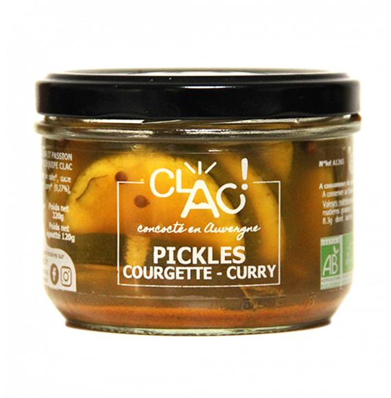 Pickles de courgettes bio au curry et au vinaigre de cidre CLAC, 220 g, conserves de légumes artisanales à base d'ingrédients bio et locaux.