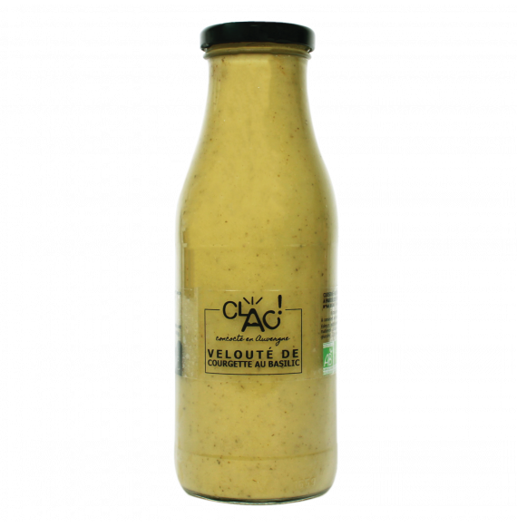 Velouté de Courgette au Basilic Bio - 480 g - CLAC,  plat cuisiné et soupe bio, en vente sur communautedugout.com. réalisée en circuit-court, avec des ingrédients biologiques frais et de saison, et sont artisanalement préparées en Auvergne. #BIO #LOCAL #ARTISANAL